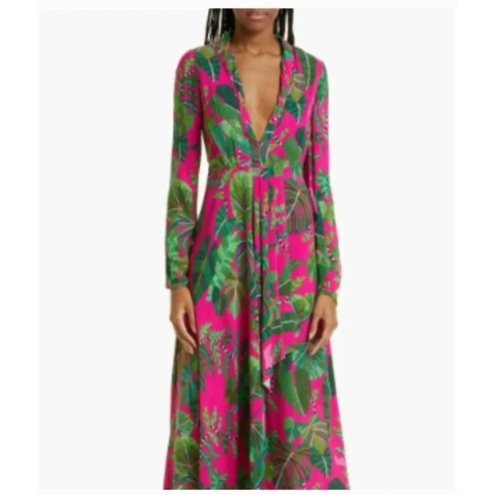 FARM Rio Leaves Print Long Sleeve Maxi Dress in Leaves Pink | XL - Picture 12 of 14